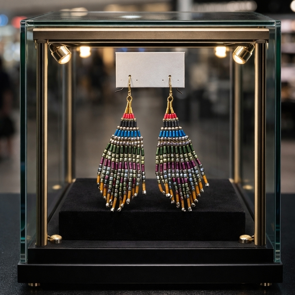 Silver tassel earring with multicolored stones